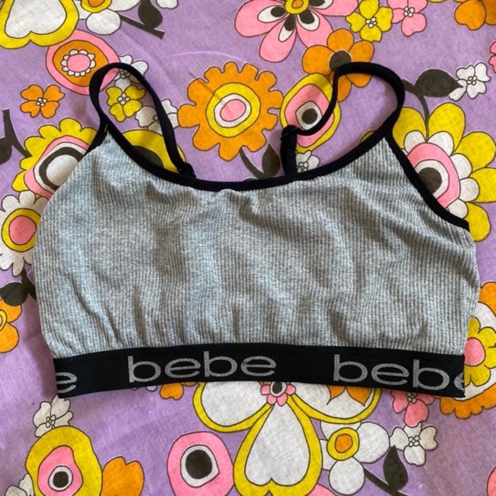 Vintage 1990s deadstock Bebe Cotton Ribbed Gray Black BEBE Bralette Top M